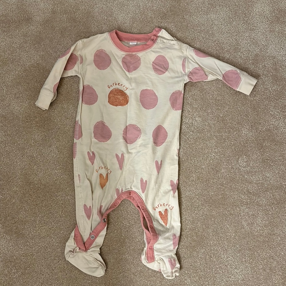 Burberry Cream One-Piece Footie with Pink Polka Dots and Peach Hearts